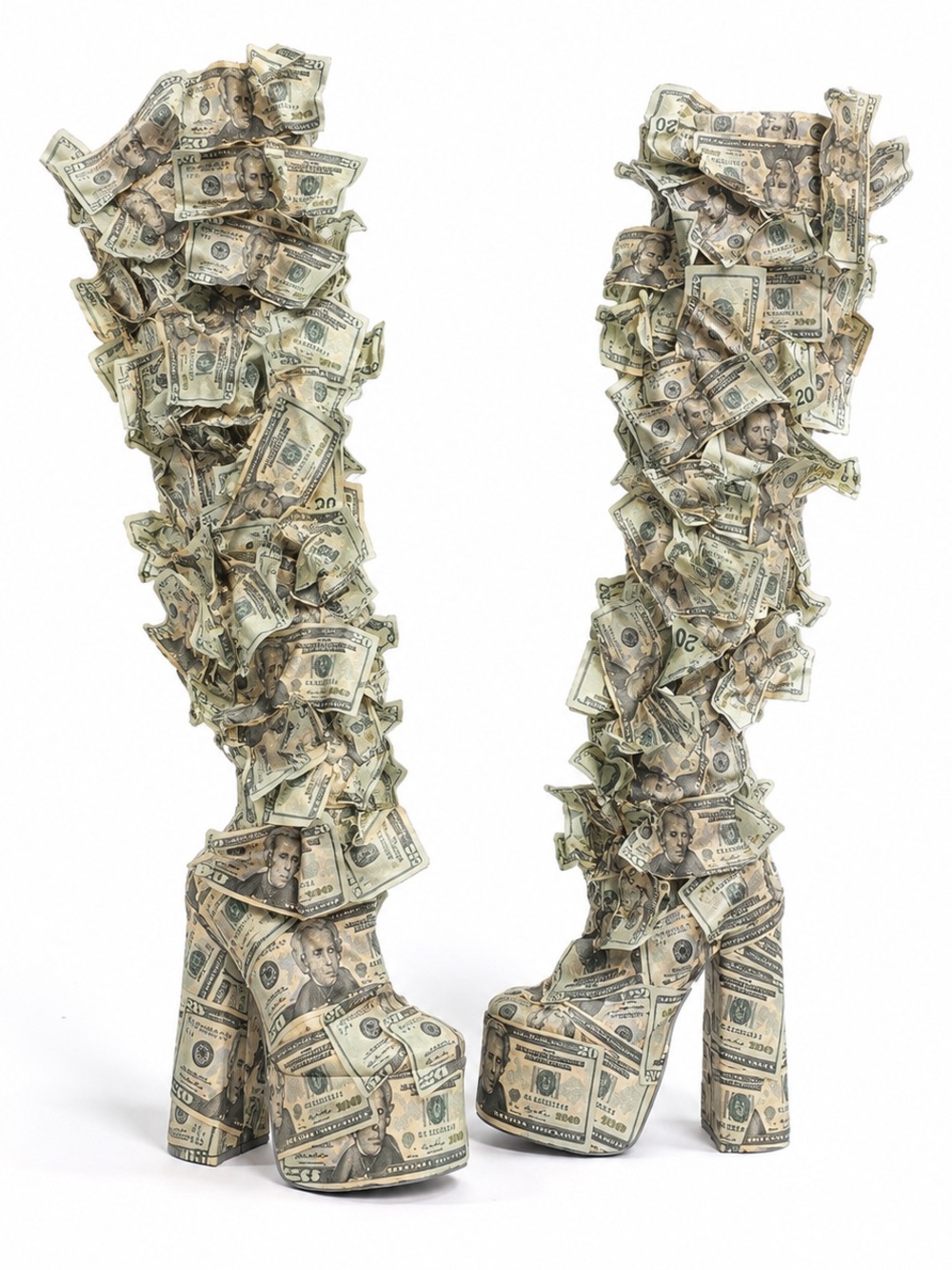 Money Boot Over-the-Knee Money Print Platform Boots - Green/Beige